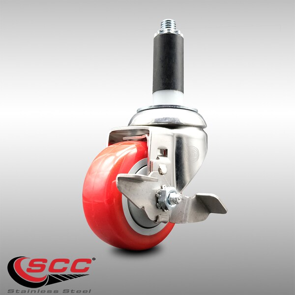 Service Caster 3 Inch 316SS Red Polyurethane Swivel 1 Inch Expanding Stem Caster Brake SCC-SS316EX20S314-PPUB-RED-TLB-1 - main